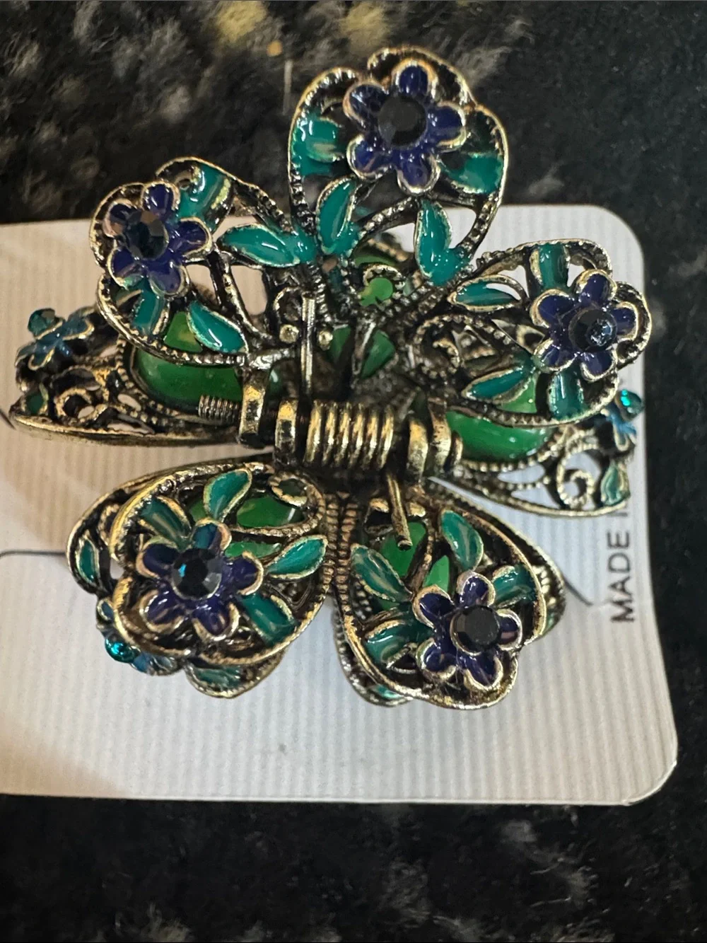 Vintage-Boho Green and Blue Rhinestone Butterfly Hair Clip NEW 🏷️